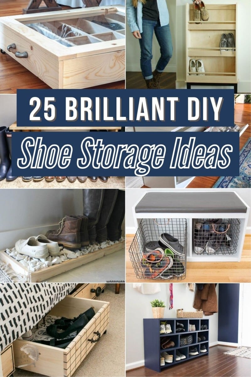 Image collage of seven DIY shoe storage ideas with text overlay
