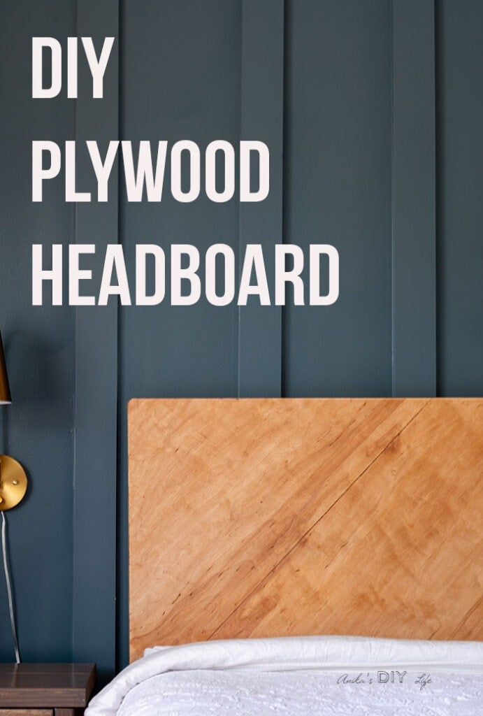 DIY plywood headboard with text overlay