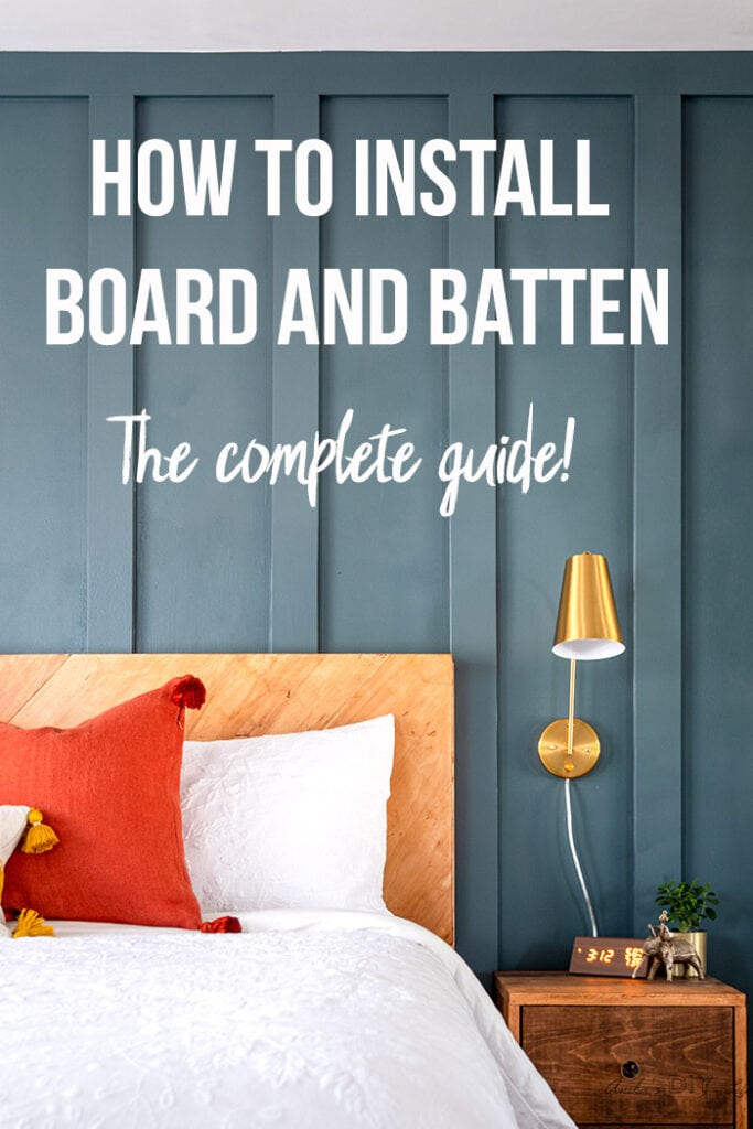DIY board and batten wall in bedroom with text overlay