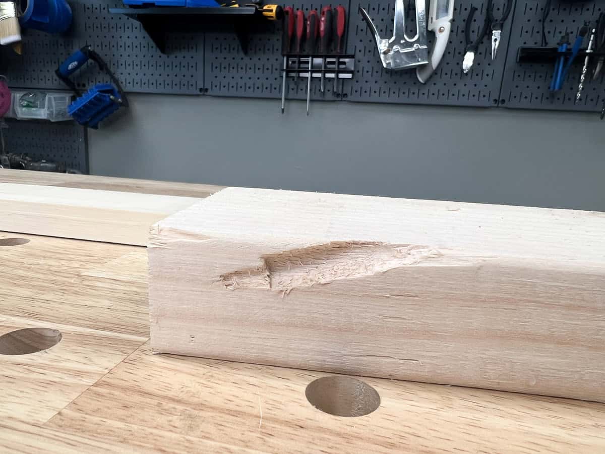 Cross-section of pocket hole in 2x4 board