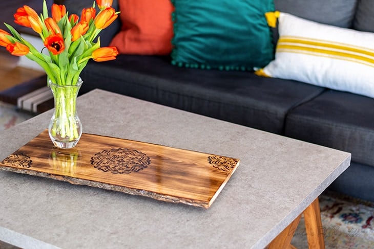 DIY wood burned mandala tray on coffee table