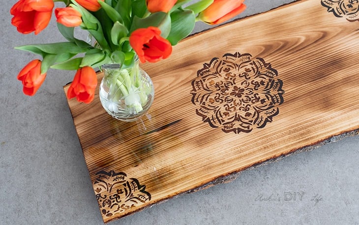 Close up details of the the DIY woodburned Mandala tray