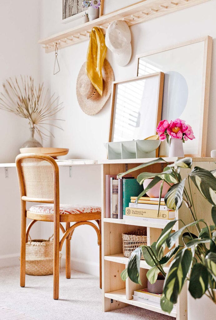 Minimal modern desk made from plywood with shelves