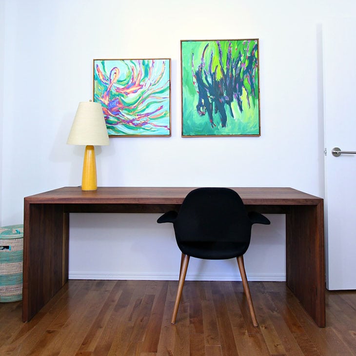 DIY waterfall desk made from wooden counter tops
