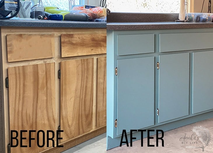 before and after comparison of painted garage cabinets