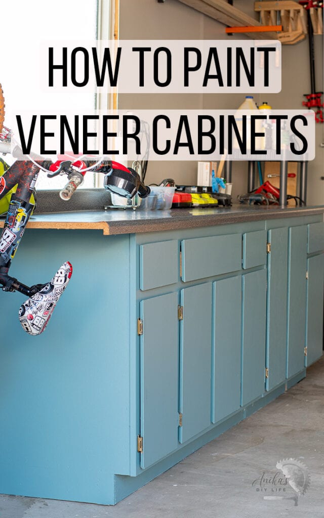 Painted veneer cabinets with text overlay