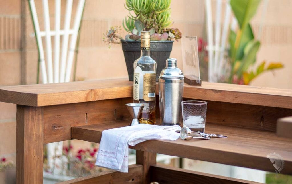 close up of the top shelf of the DIY outdoor bar