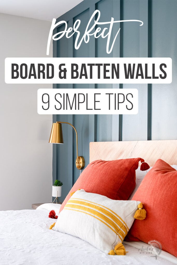 Dark board an batten wall in bedroom with text overlay