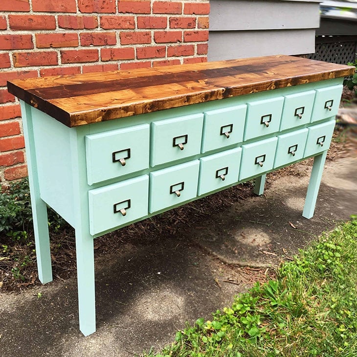 Green painted apothecary DIY console table