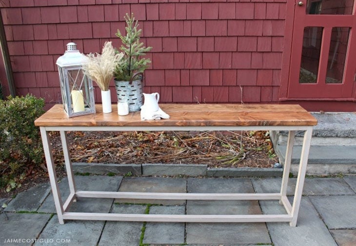 Simple DIY console table with natural wood top and white painted wood frame