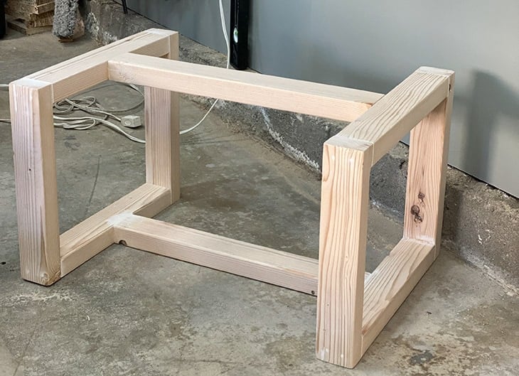DIY kids bench frame on garage floor