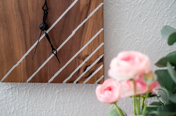 close up of metal inlay of DIY wood clock