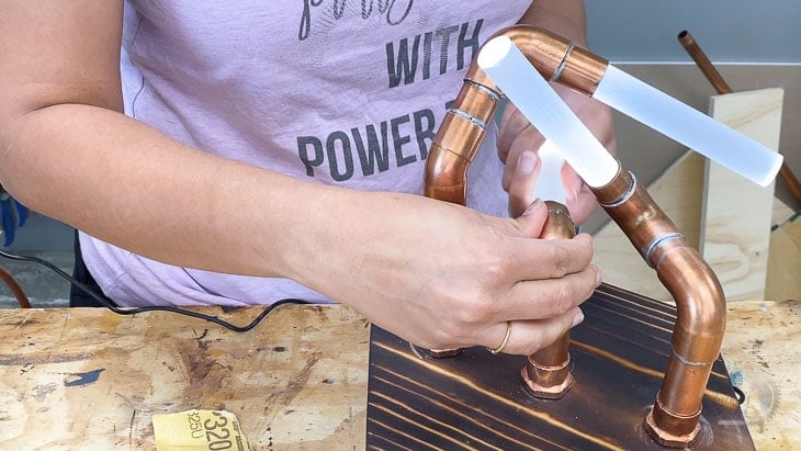 Attaching acrylic rods to copper pipe lamp