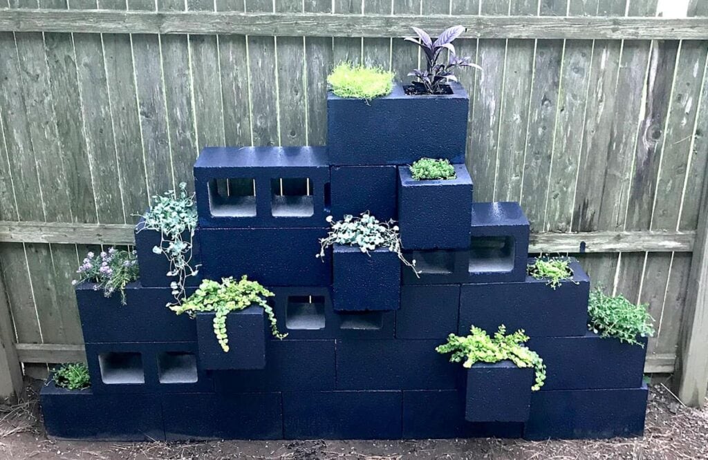 Blue painted cinder blocks stacked with succulents