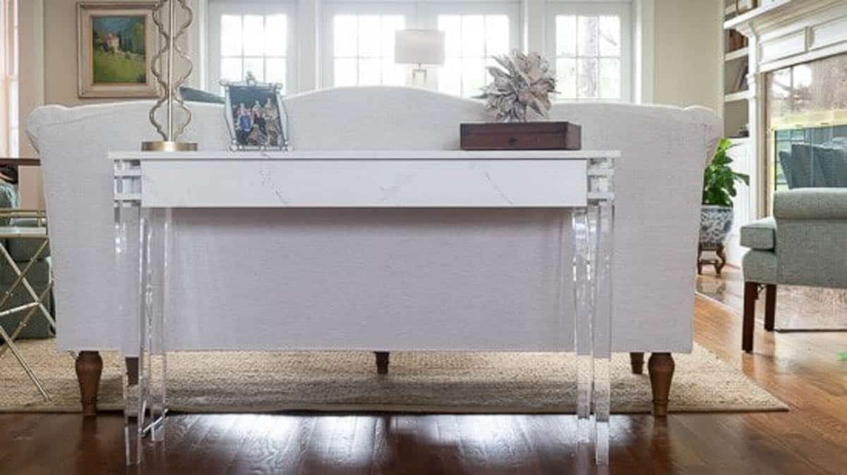 DIY console table with acrylic legs and faux marble top