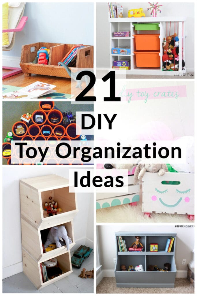 Collage of DIY toy storage ideas with text overlay.