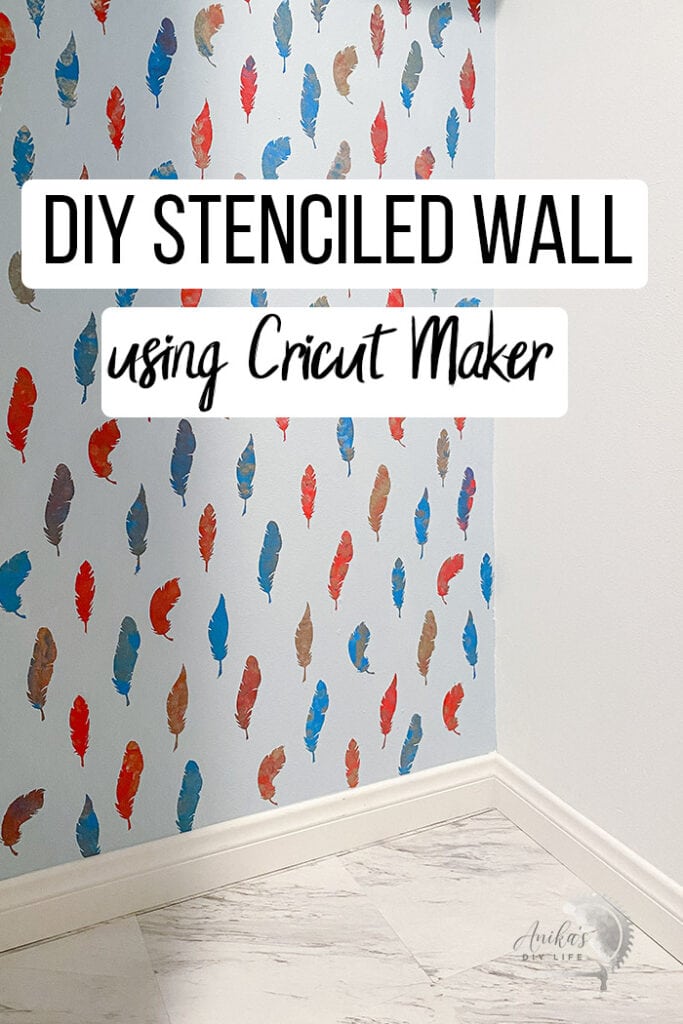 Stenciled wall in coat closet with text overlay