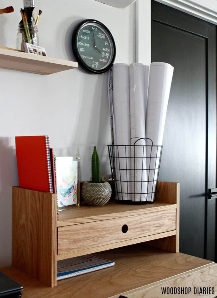 wooden desktop organizer with drawer and shelf