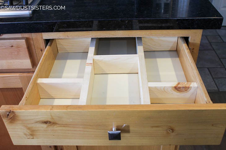 custom built drawer organizer with 6 secitons