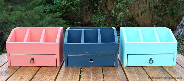 pink, blue, and turquoise desk organizers with drawers and pencil cubbies