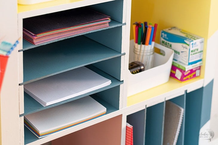 Close up of DIY dividers in Ikea Kallax
