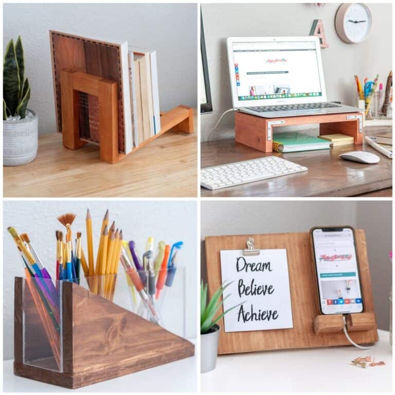 image collage of four diy desk organizers