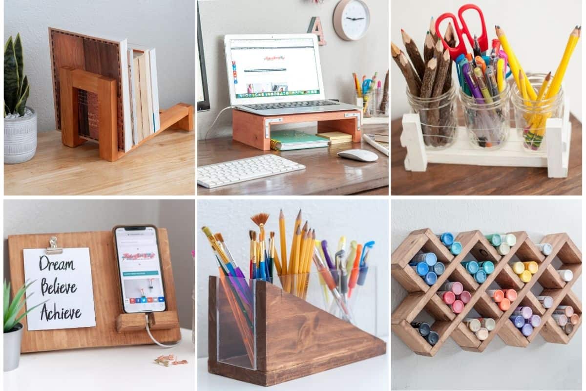 image collage of six DIY desk organizers