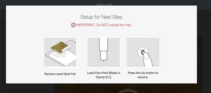 screenshot of Cricut Design Space prompts for using foil transfer and cut