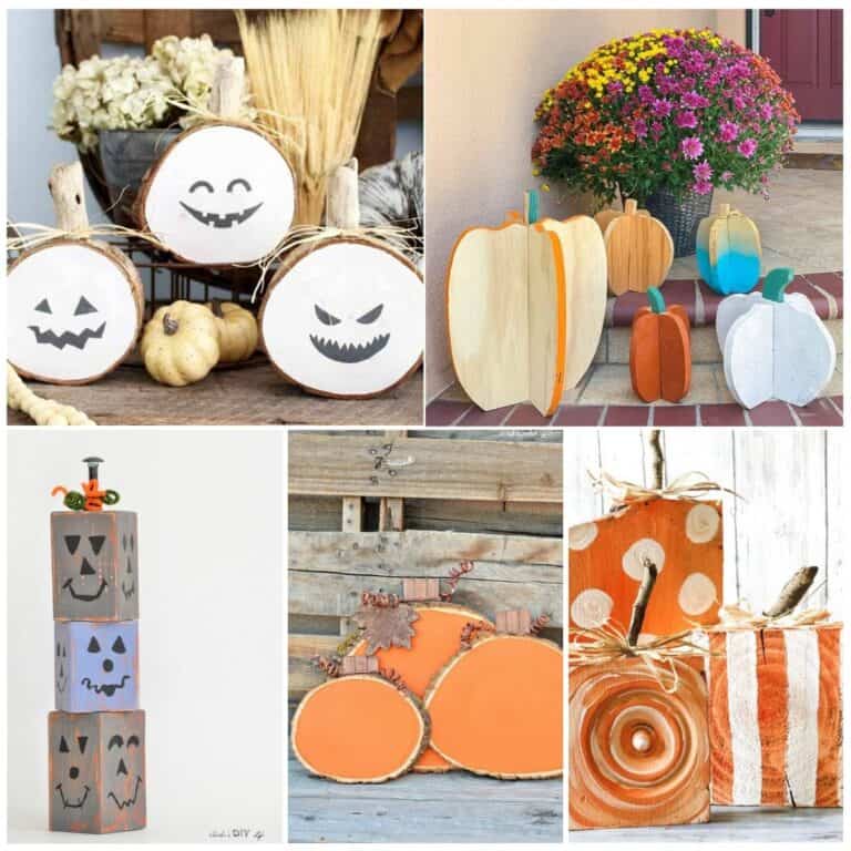 Image collage of five DIY wood pumpkin ideas