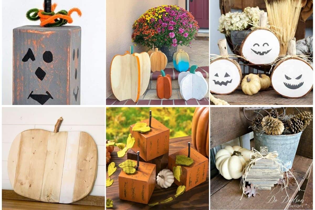 Image collage of 6 DIY wood pumpkins