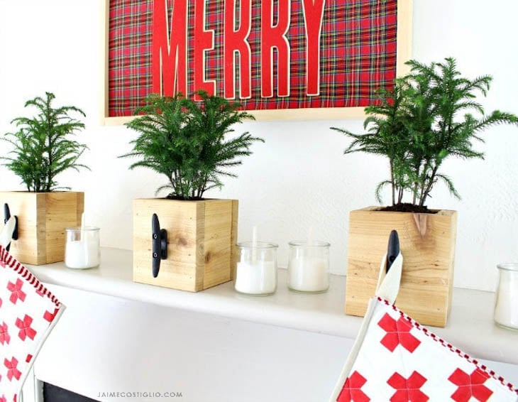 scrap wood boxes with small evergreen trees in them with boat cleats to hang stockings on