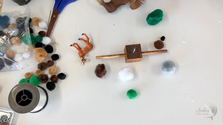 One arm of the woodland mobile assembled