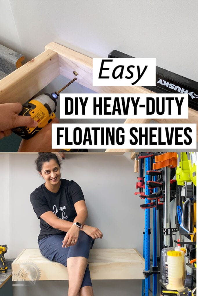 collage of heavy duty DIY floating shelves with text overlay