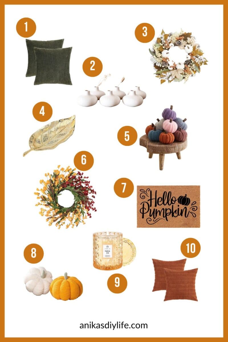 Image collage of 10 classy fall home decor items numbered 1 thru 10