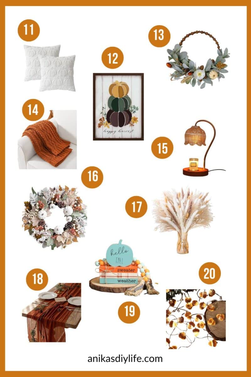 Image collage of 10 classy fall decor items numbered 11 thru 20