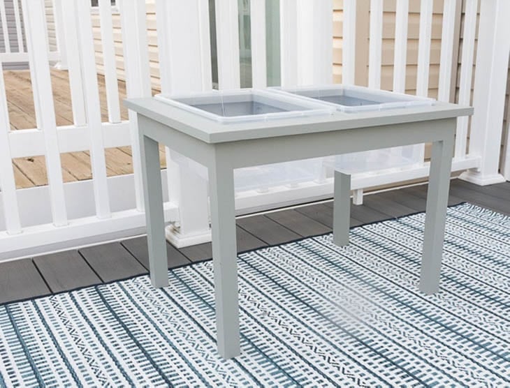 gray painted kids DIY water table with 2 sections