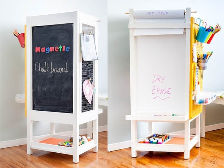 2 views of DIY kids art station, chalkboard side and dry erase side
