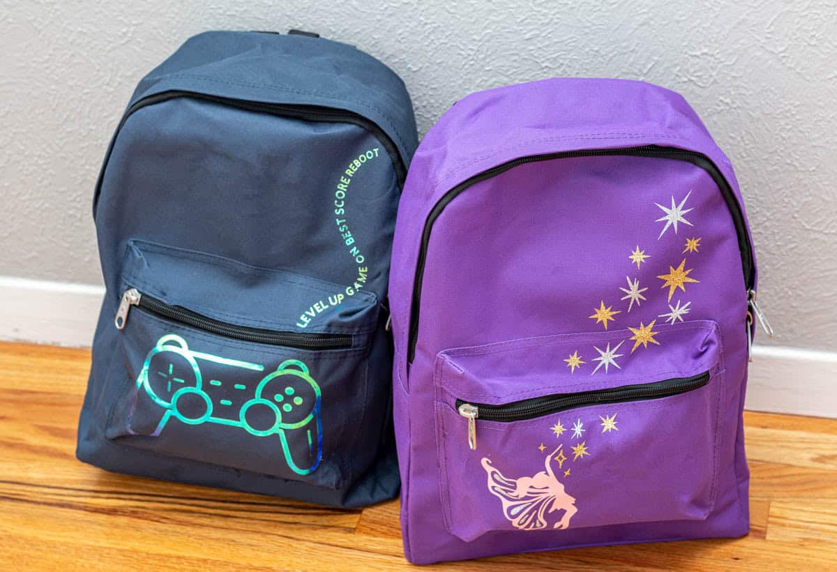 Blue and purple back pack for kids customized with Cricut iron on
