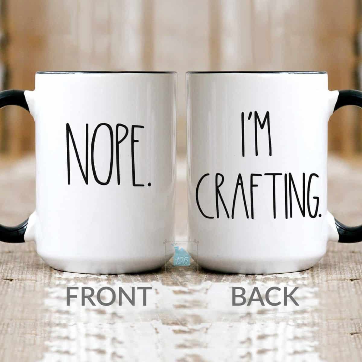 front and back of coffee mug for crafters