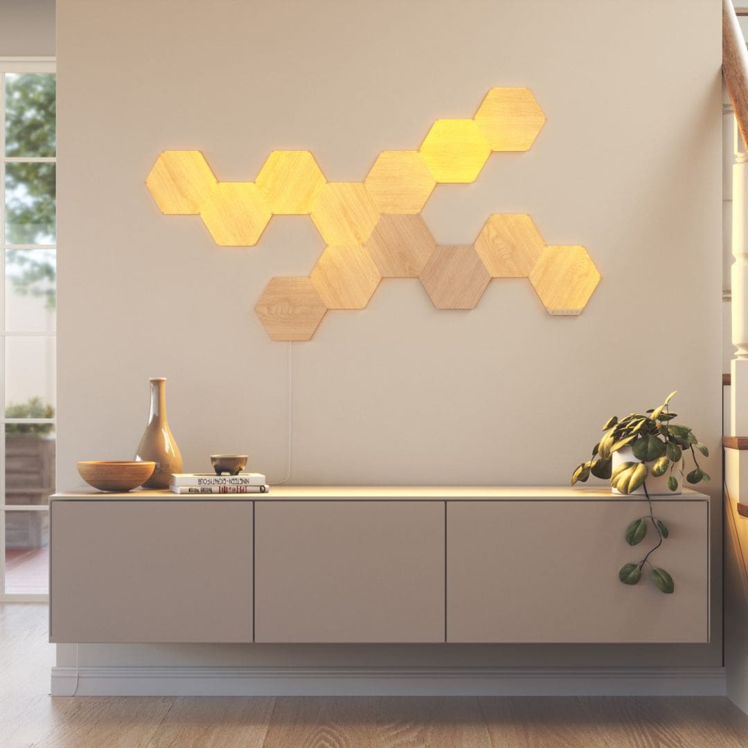 nanoleaf elements panel in wood tones on wall