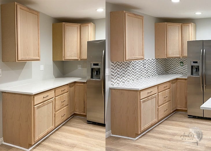 before and after the backsplash in kitchen