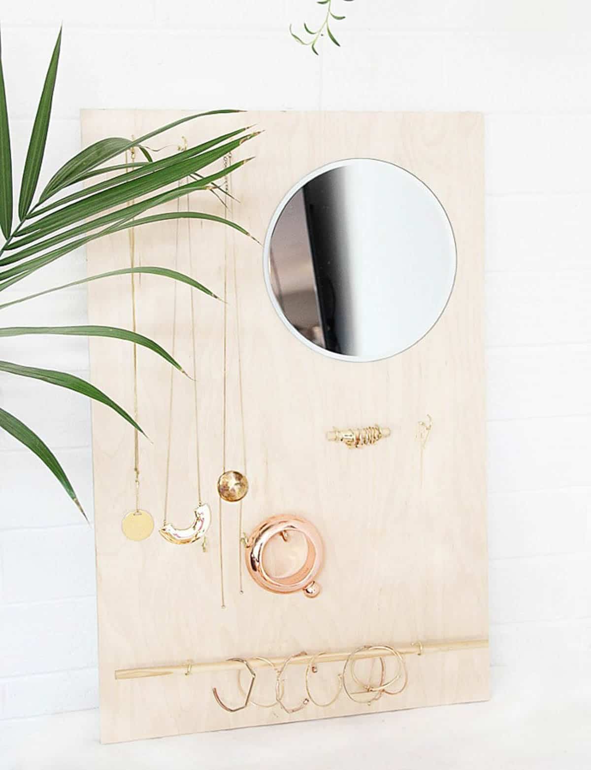modern wood hanging jewelry organizer with mirror