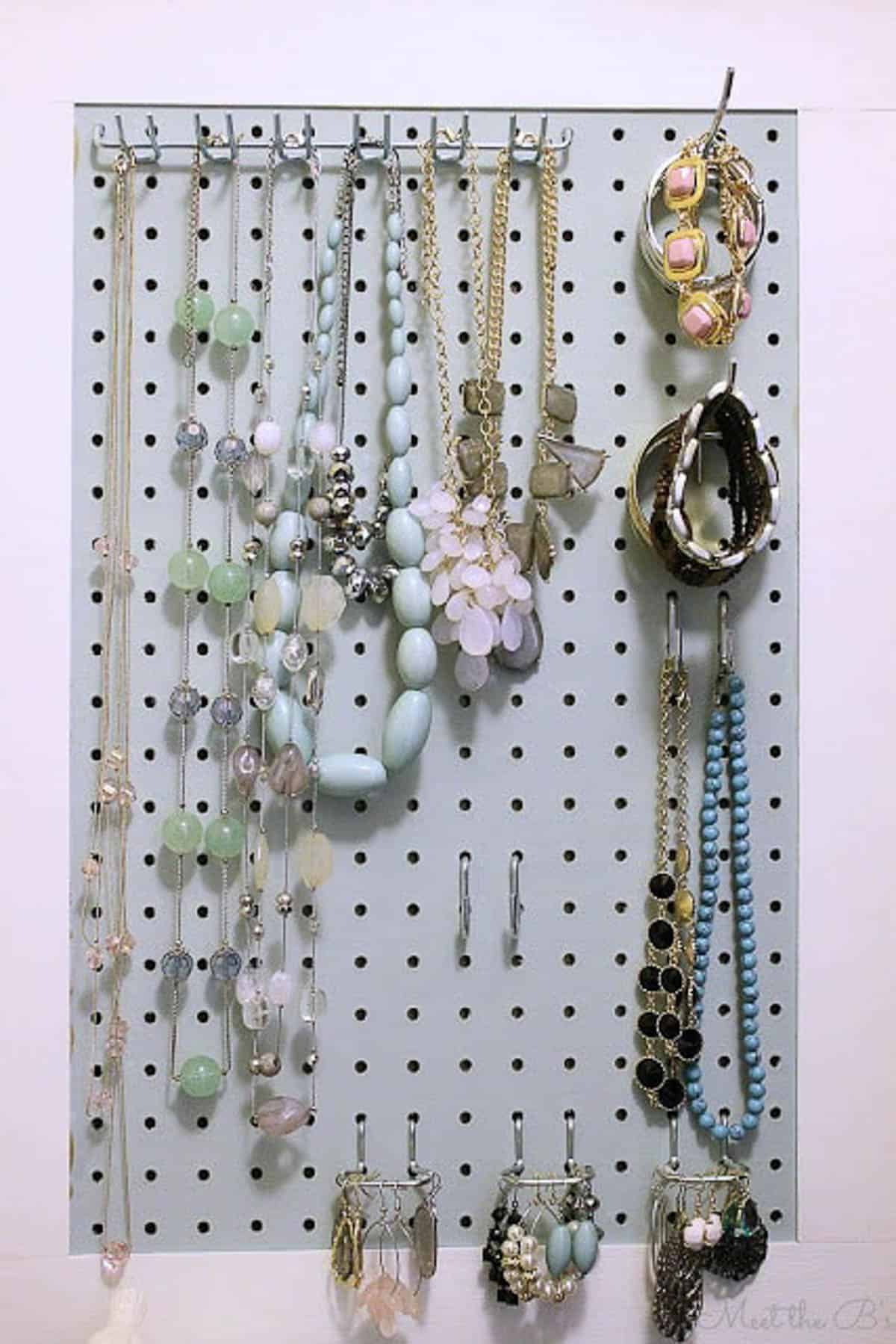 Pegboard used as a jewelry organizer