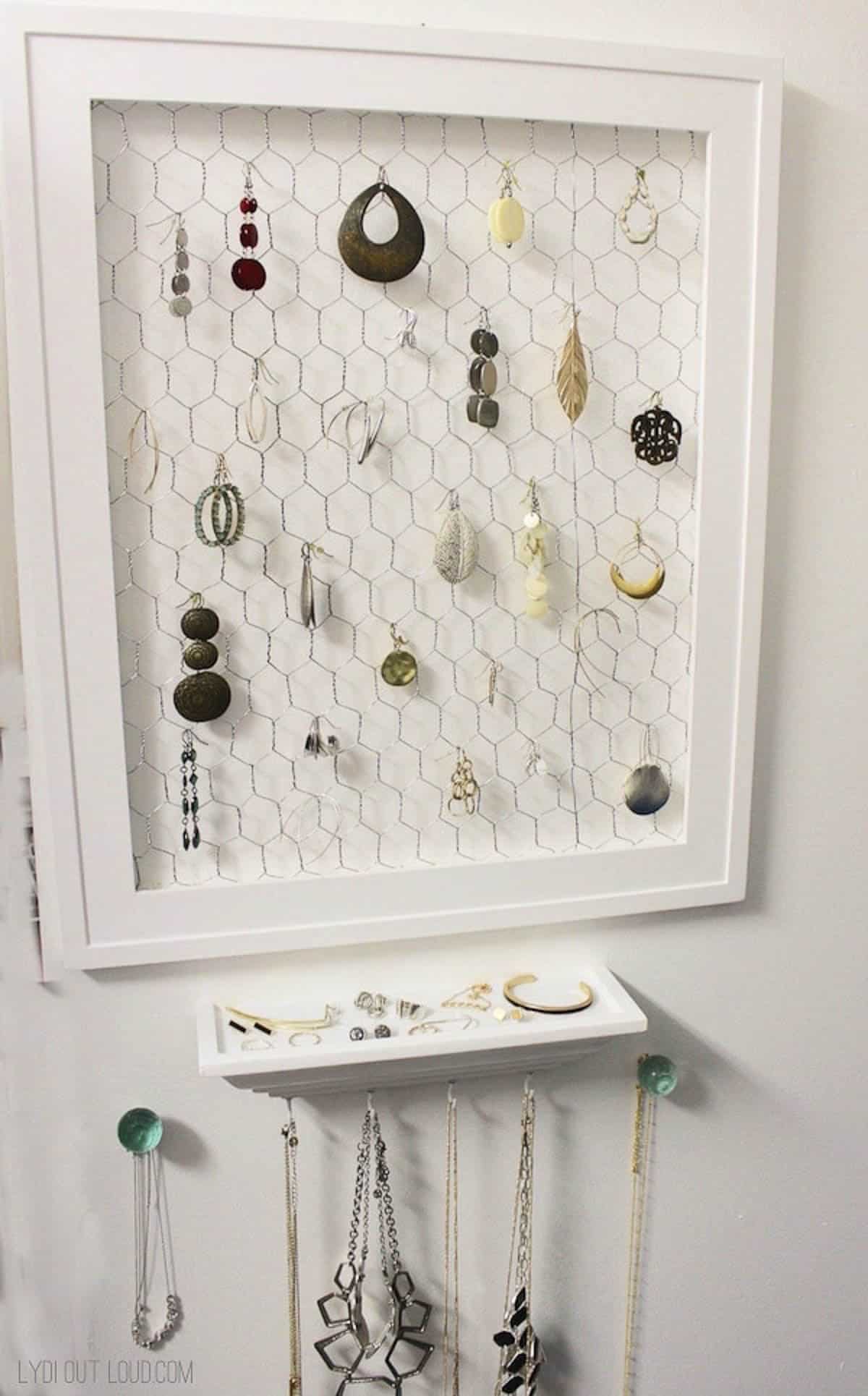 DIY jewelry organizer made using chicken wire