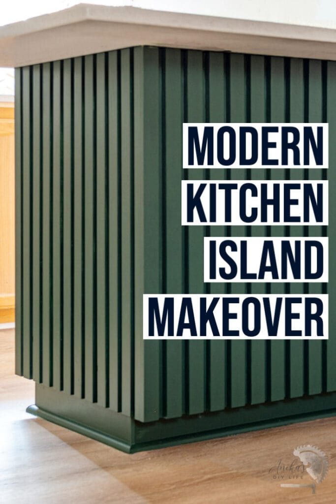 Dark green modern wood slat kitchen island with text overlay