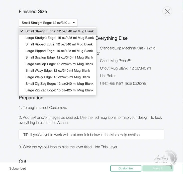 screenshot of Cricut design space with options for mugs