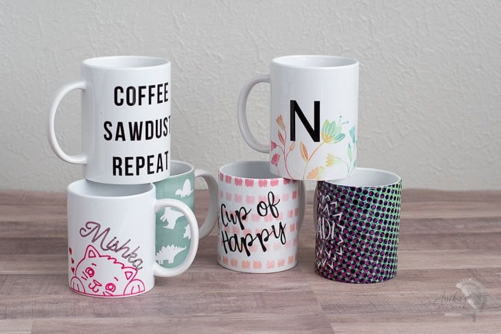 Collection of coffee mugs made using the Mugpress