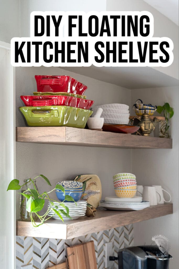 DIY floating shelves in a kitchen with text overlay