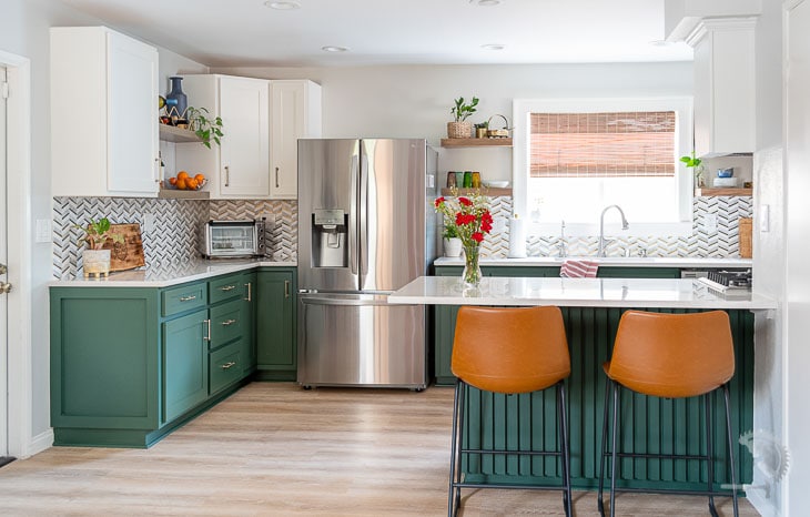 DIY boho kitchen makeover with green cabinets reveal