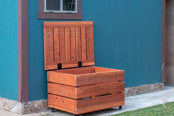 DIY Outdoor storage box open in the backyard